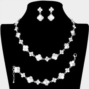 Silver 3 Piece Quatrefoil Crystal Necklace Jewelry Set Formal Fashion Statement